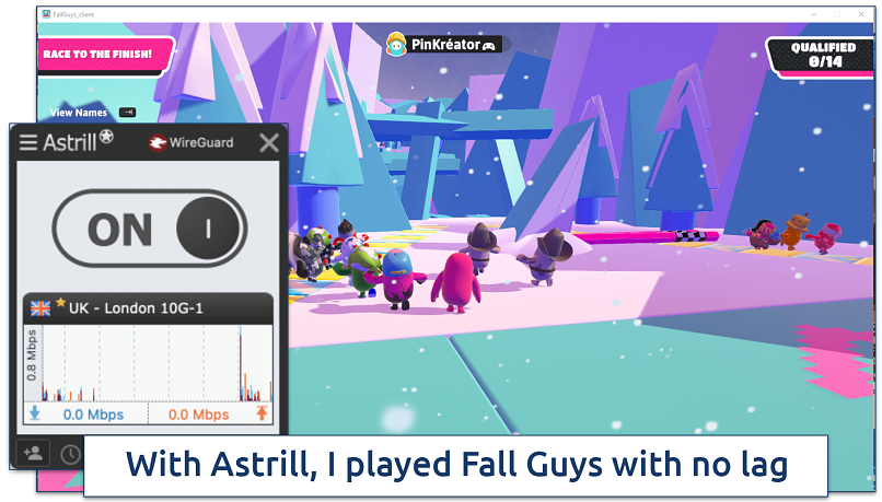 Screenshot of the game Fall Guys with the Astrill VPN app connected to a UK server.