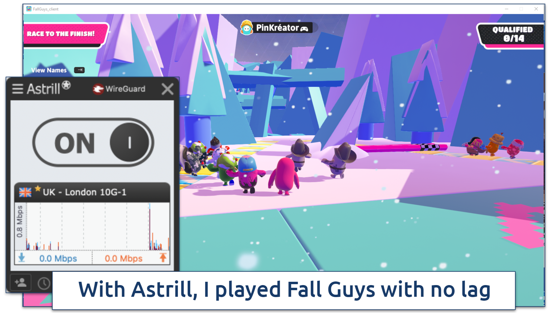 Screenshot of the game Fall Guys with the Astrill VPN app connected to a UK server.