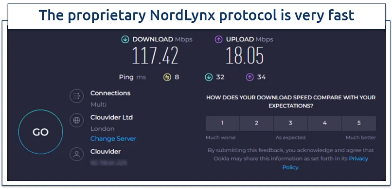 NordVPN speed test results on a UK server