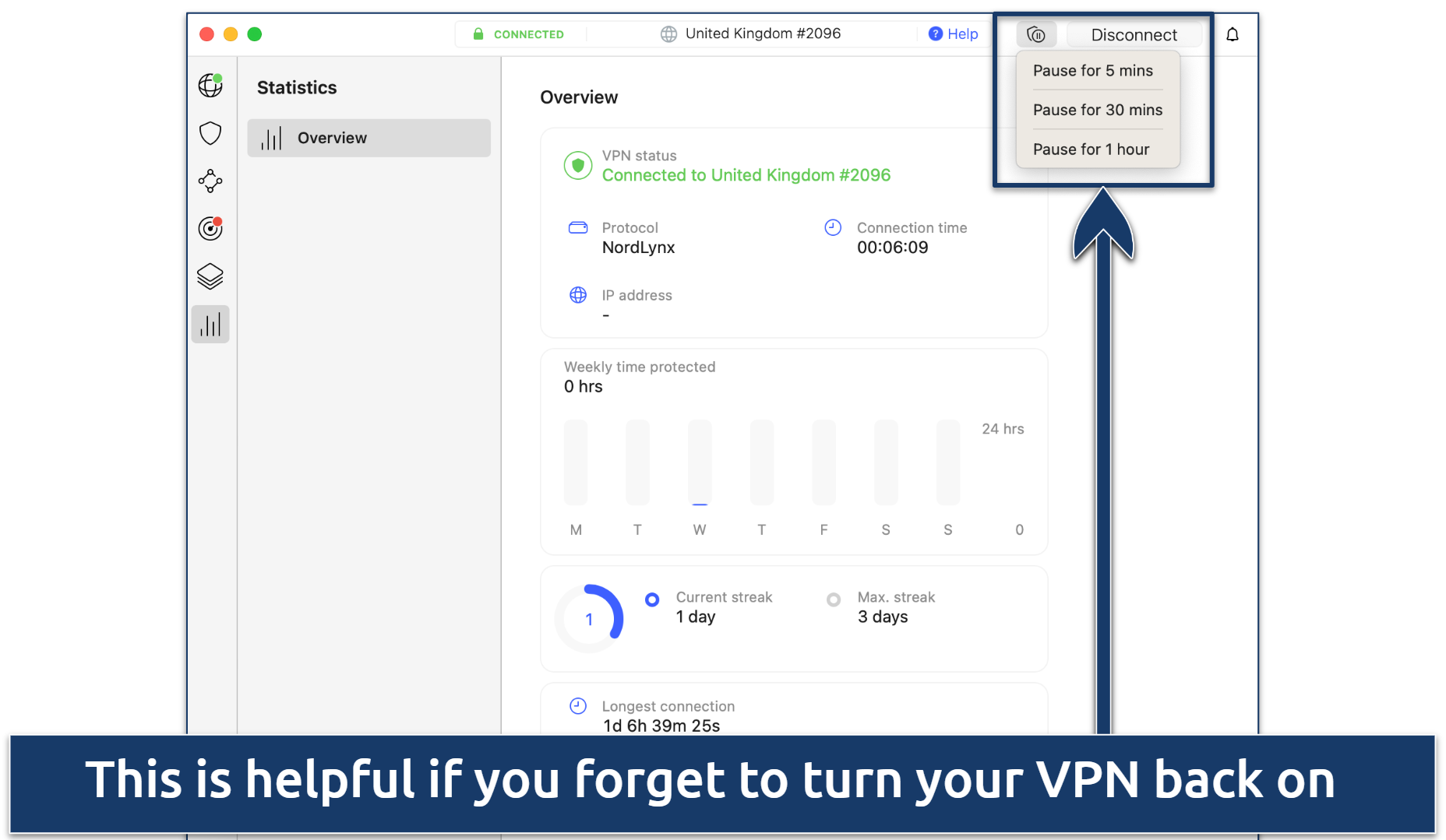 Screenshot of NordVPN pause connection feature