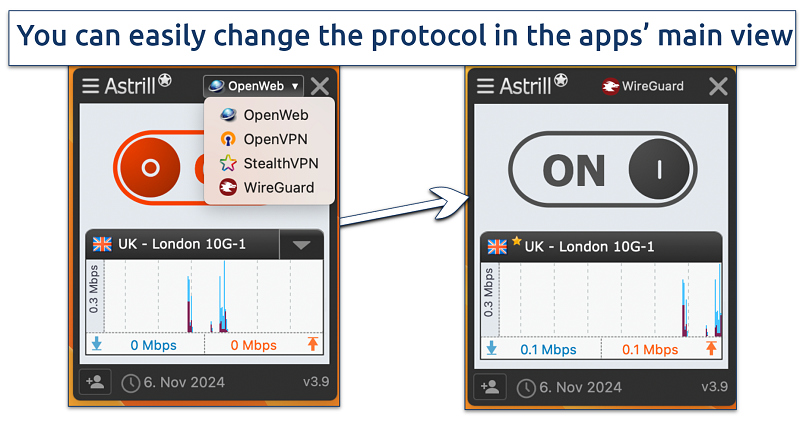 Screenshot of the protocols toggle button in the Astrill VPN app