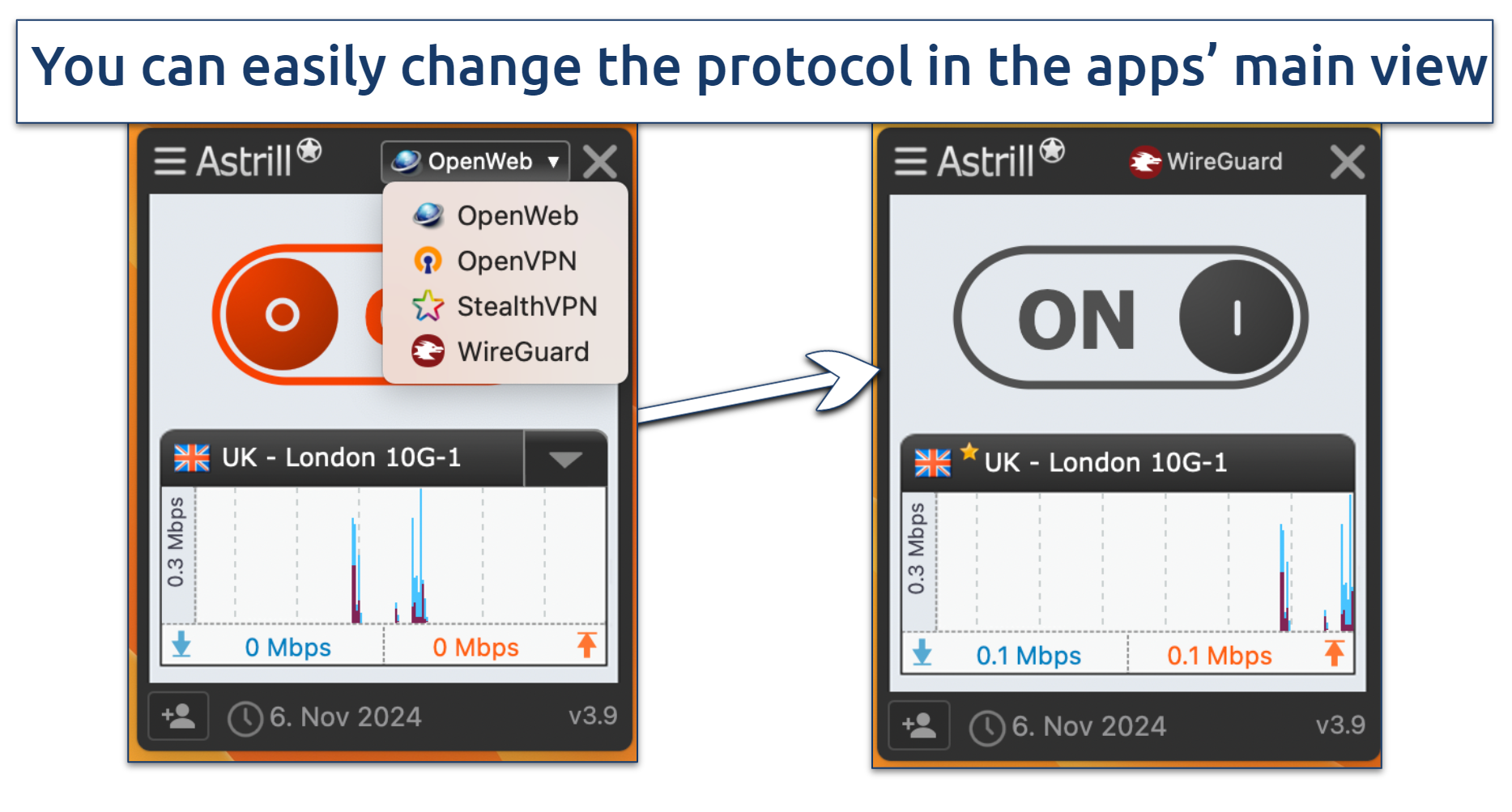 Screenshot of the protocols toggle button in the Astrill VPN app