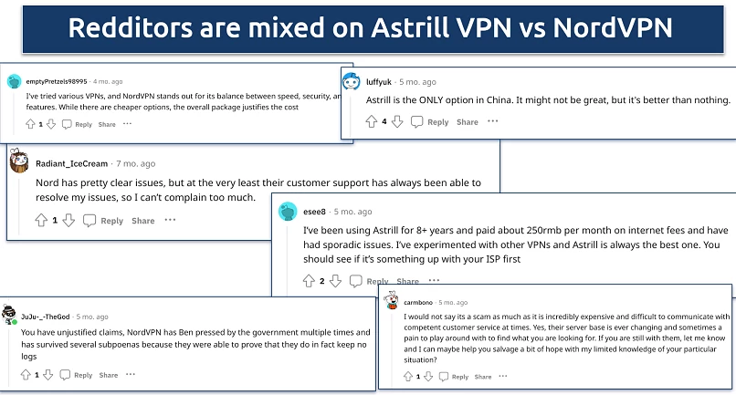 Screenshot of various Reddit threads on NordVPN and Astrill VPN