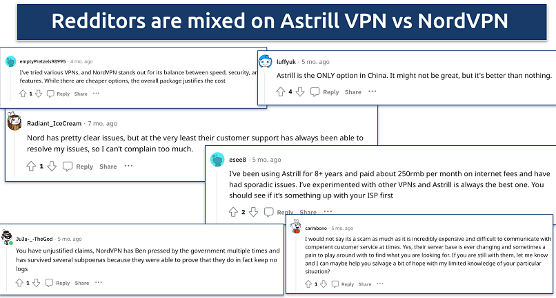 Screenshot of various Reddit threads on NordVPN and Astrill VPN