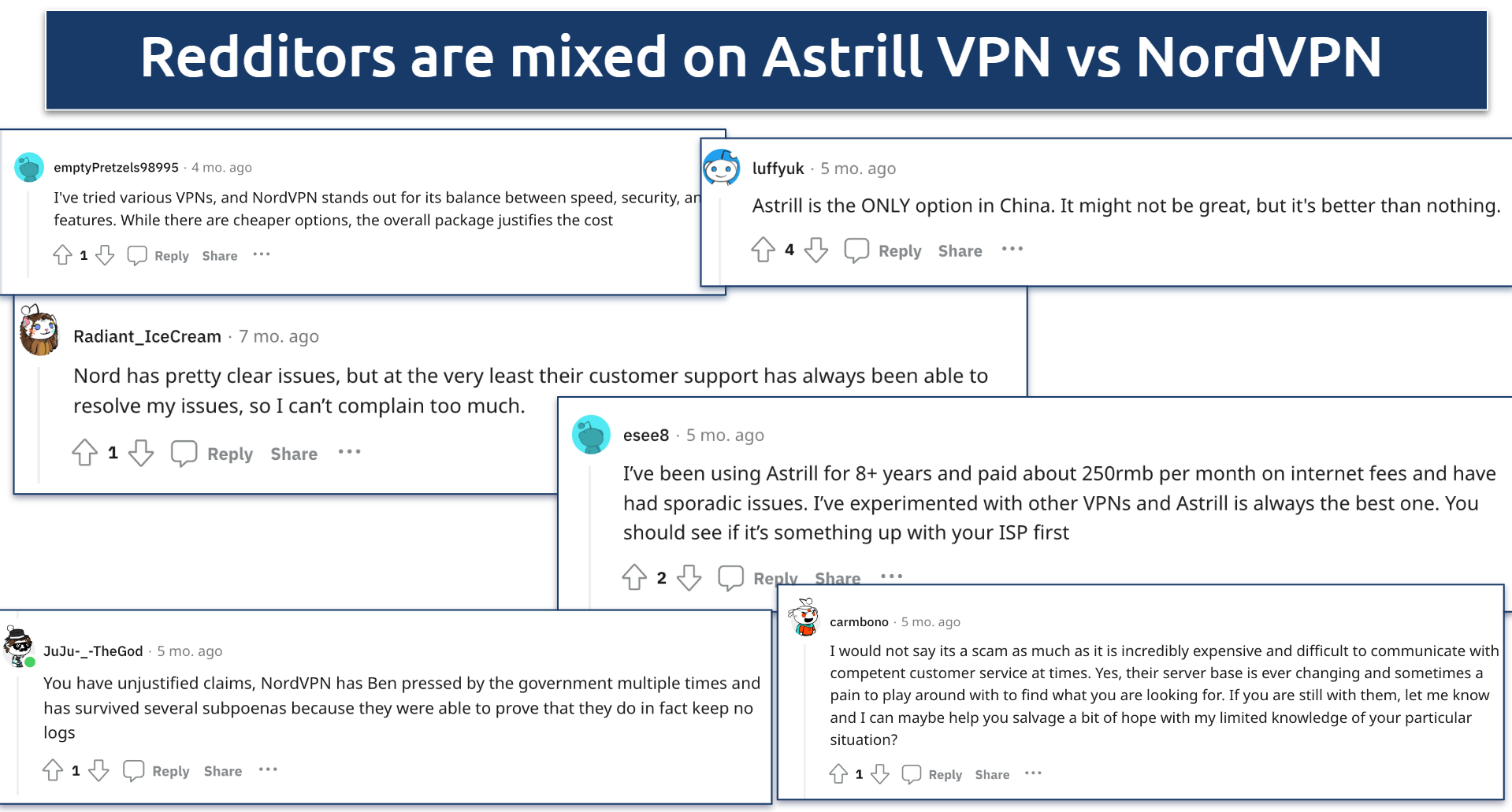 Screenshot of various Reddit threads on NordVPN and Astrill VPN