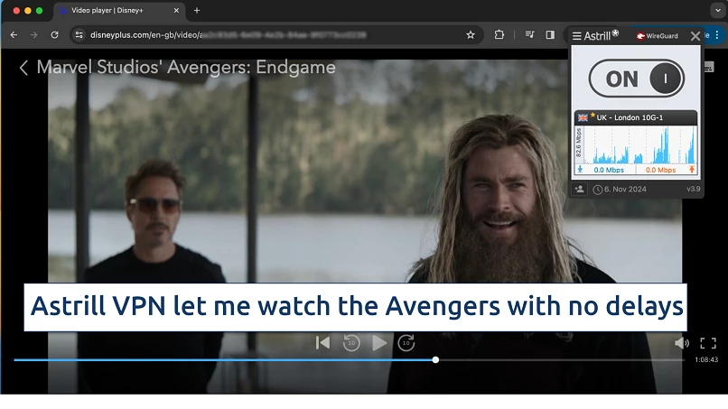 Screenshot of Astrill VPN app with Disney+ in the background