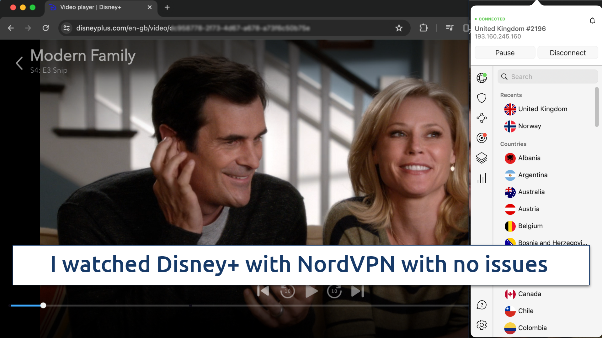 Screenshot of NordVPN app with Disney+ in the background