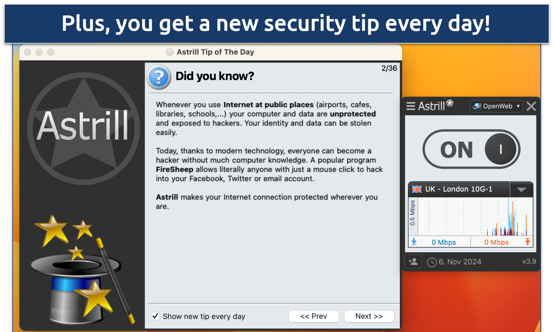 Screenshot of Astrill VPN's Tips of The Day feature