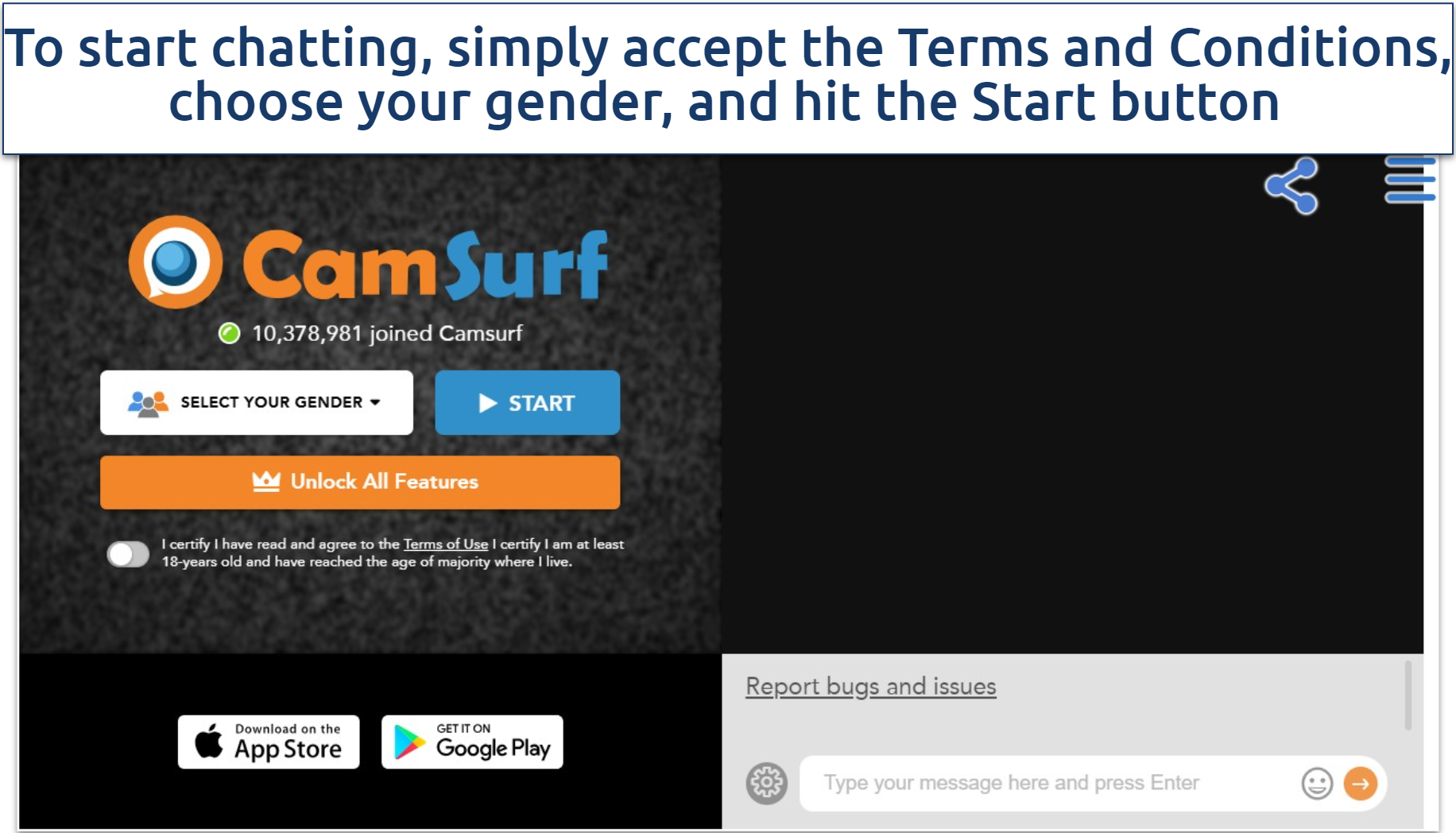 A screenshot of the Camsurf homepage