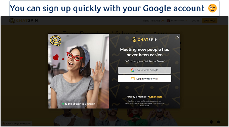 Screenshot of ChatSpin’s signup screen