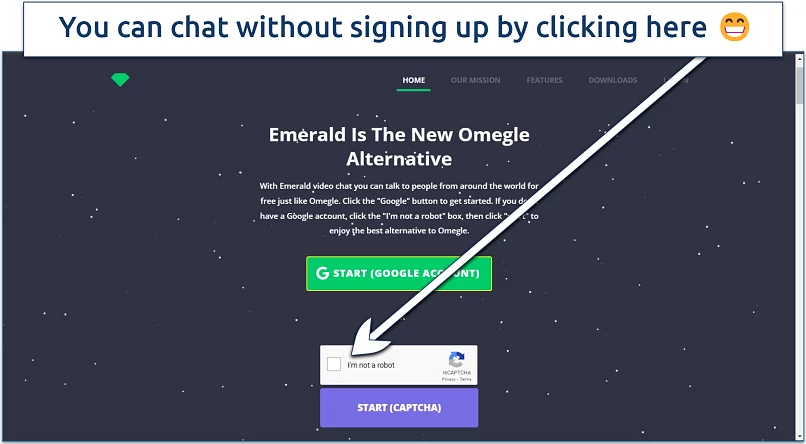 Screenshot of Emerald Chat's homepage with instructions on how to sign up