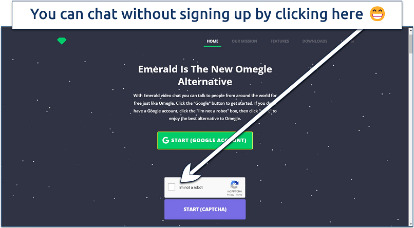 Screenshot of Emerald Chat's homepage with instructions on how to sign up