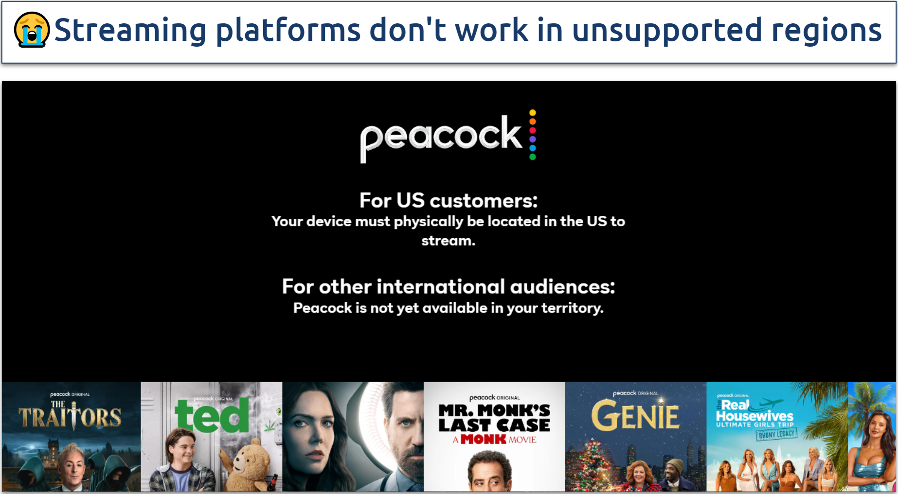 Screenshot of Peacock TV not working outside the US