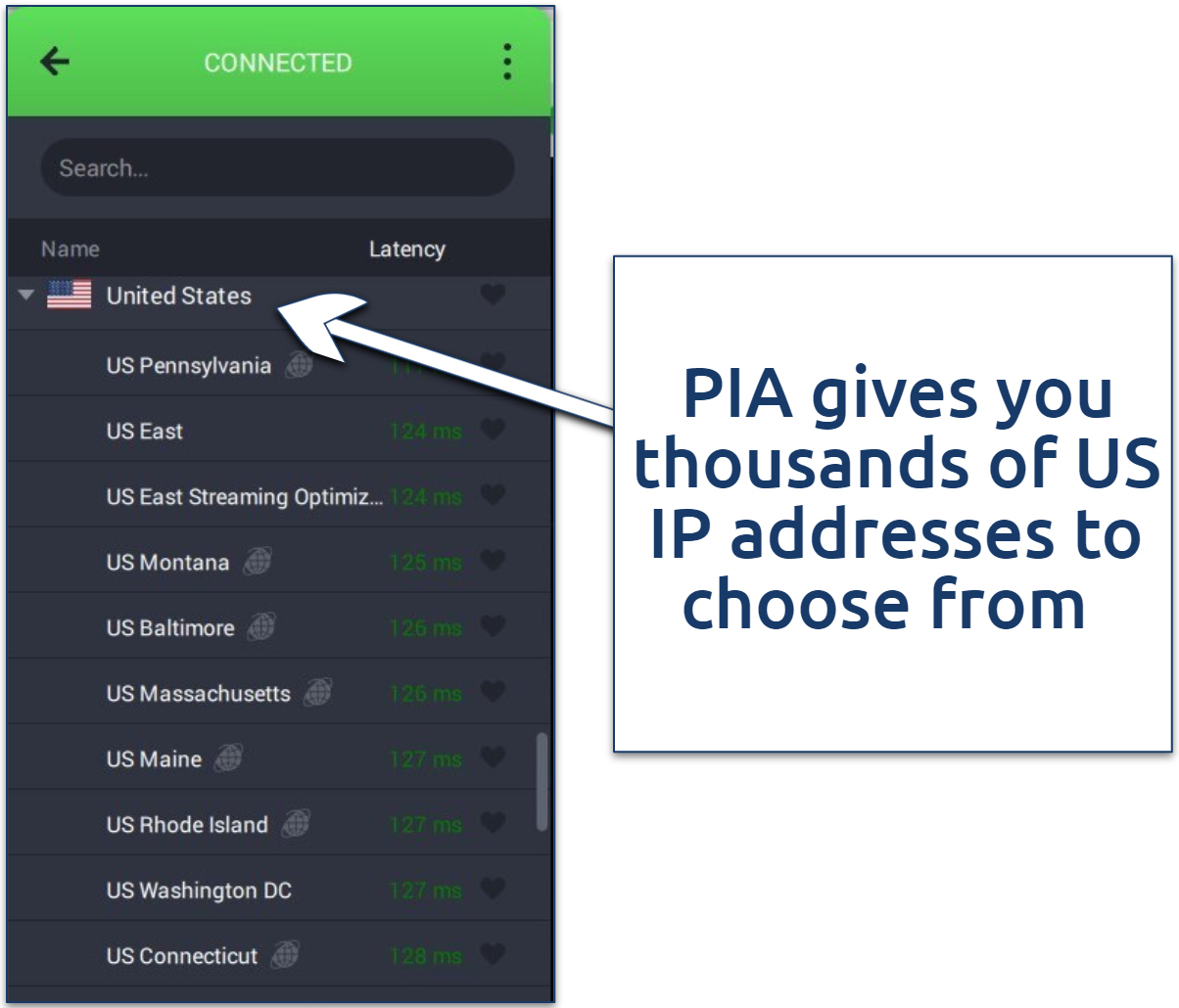 Screenshot showing PIA's US servers on its app server list