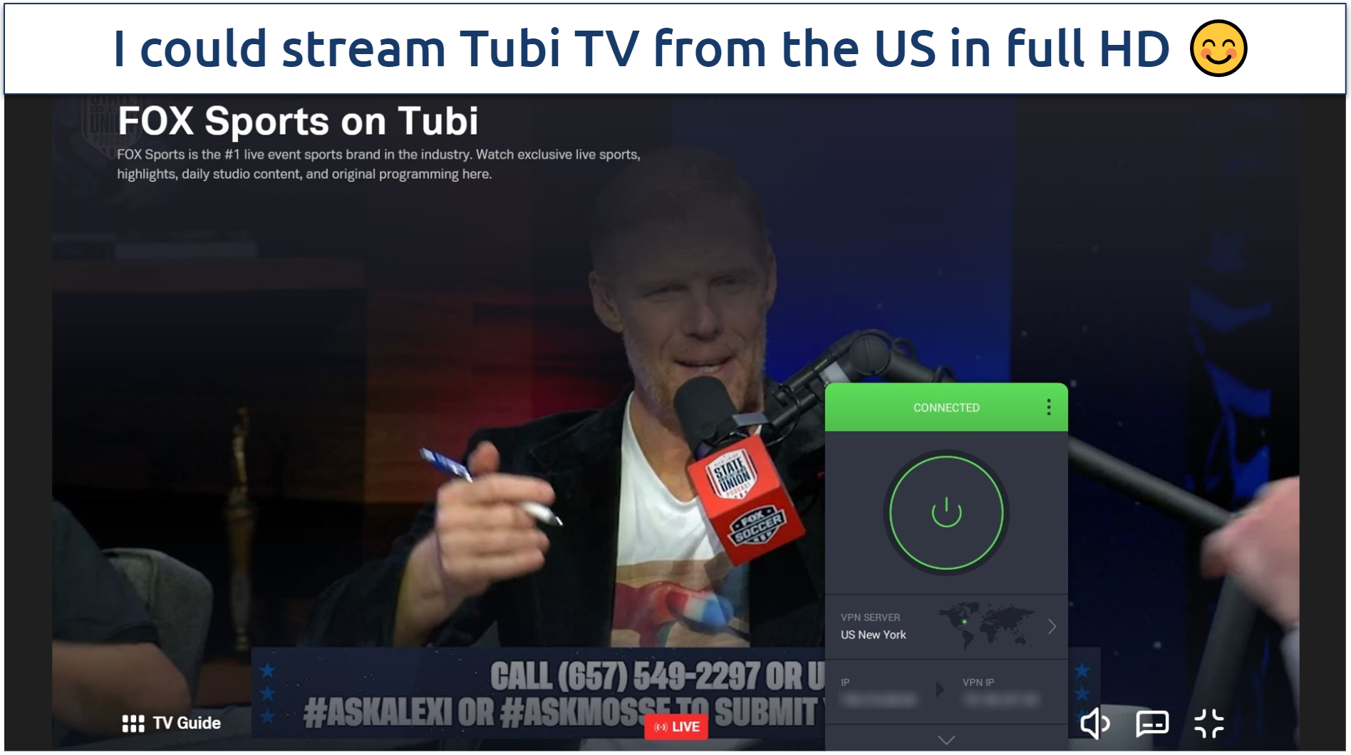 A screenshot of Tubi TV live FOX Sports while connected to Private Internet Access's US server