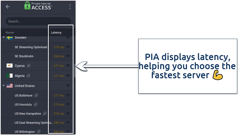 A screenshot showing Private Internet Access (PIA) makes it a breeze to choose a server for streaming with low latency.