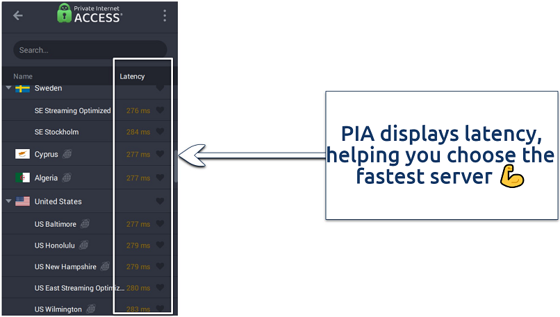 A screenshot showing Private Internet Access (PIA) makes it a breeze to choose a server for streaming with low latency.