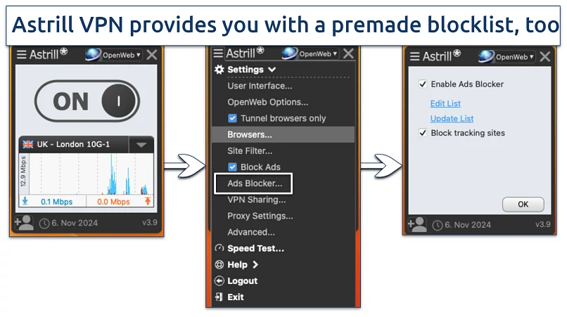 Screenshot of Astrill VPN ad blocker option