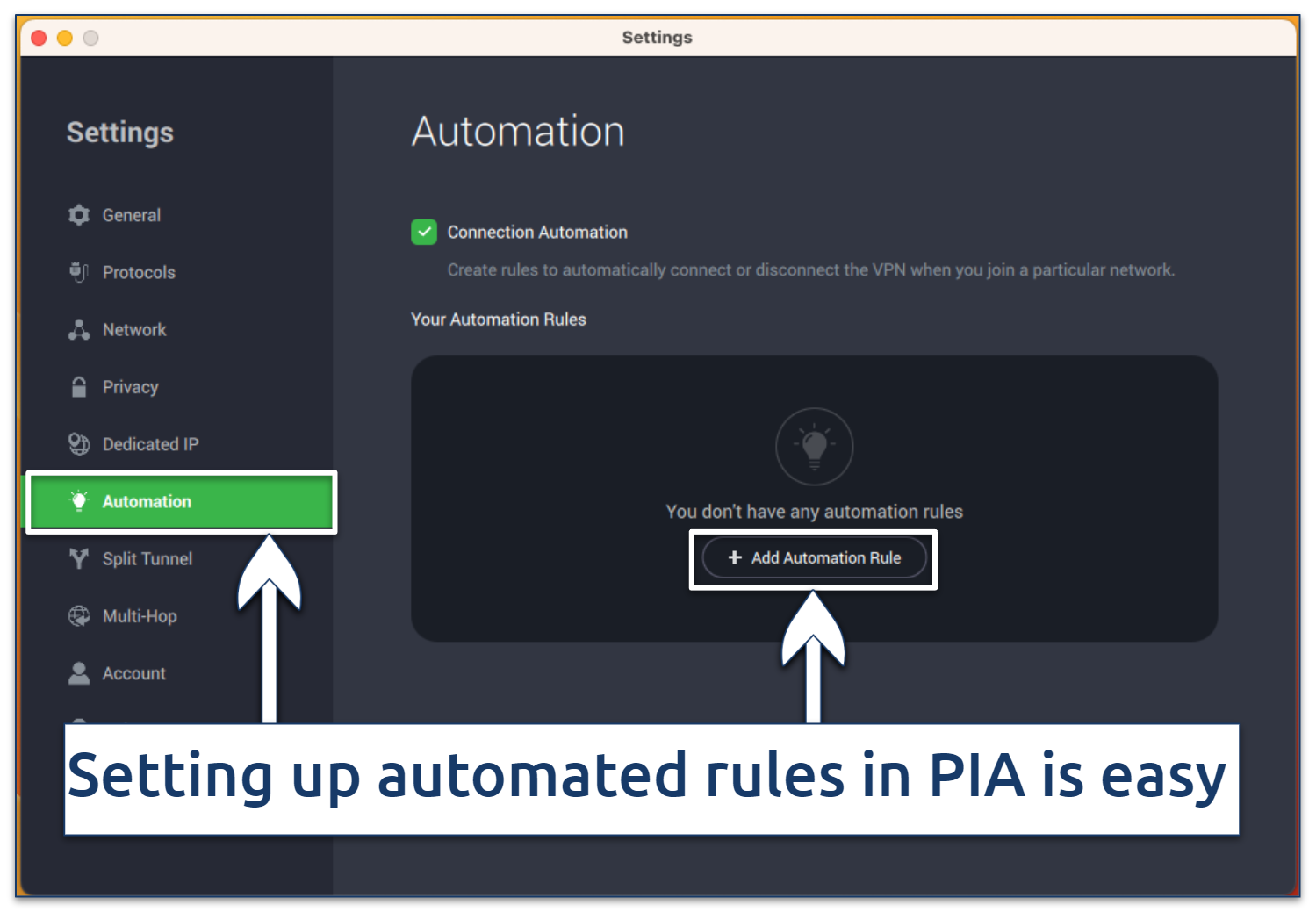 Screenshot of PIA's automation rules in the settings