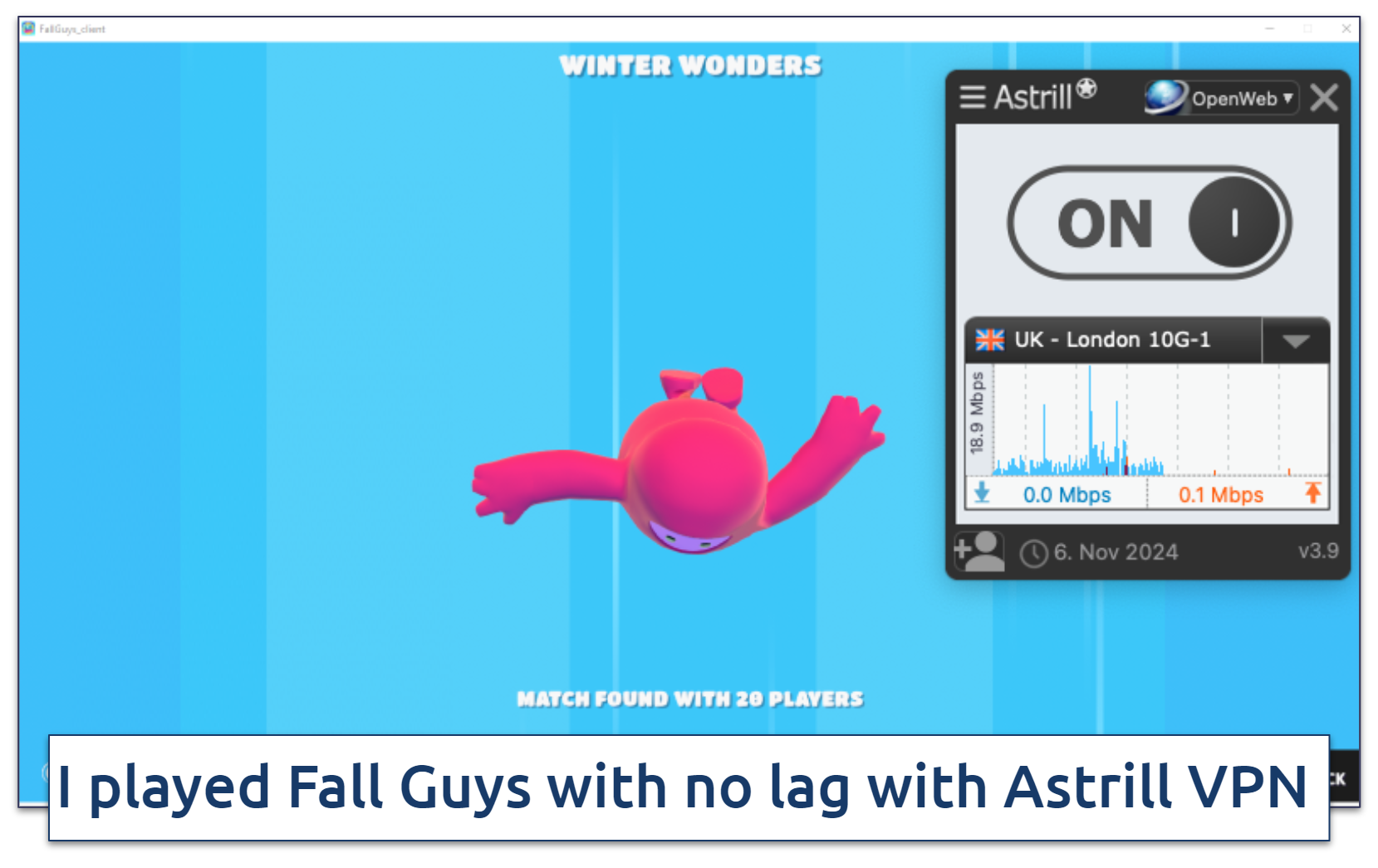 screenshot of the game Fall Guys with the Astrill VPN app connected to a UK server