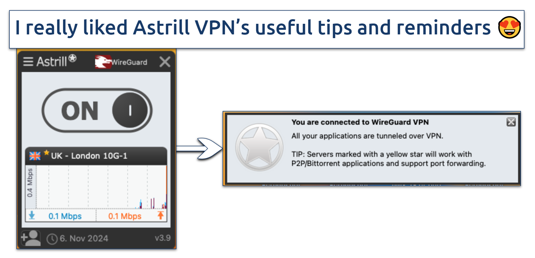 Screenshot of Astrill's useful tips while connected to a server in London