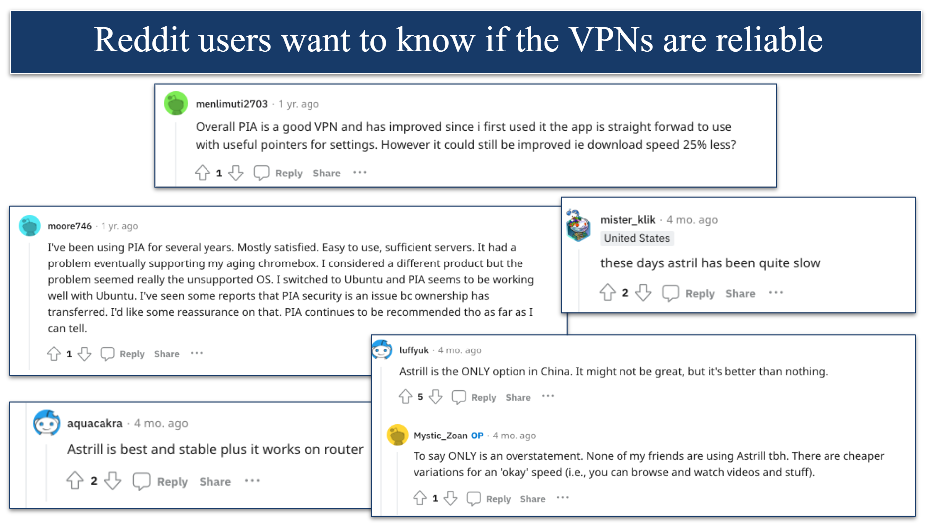 Screenshot of Reddit threads regarding PIA and Astrill VPN