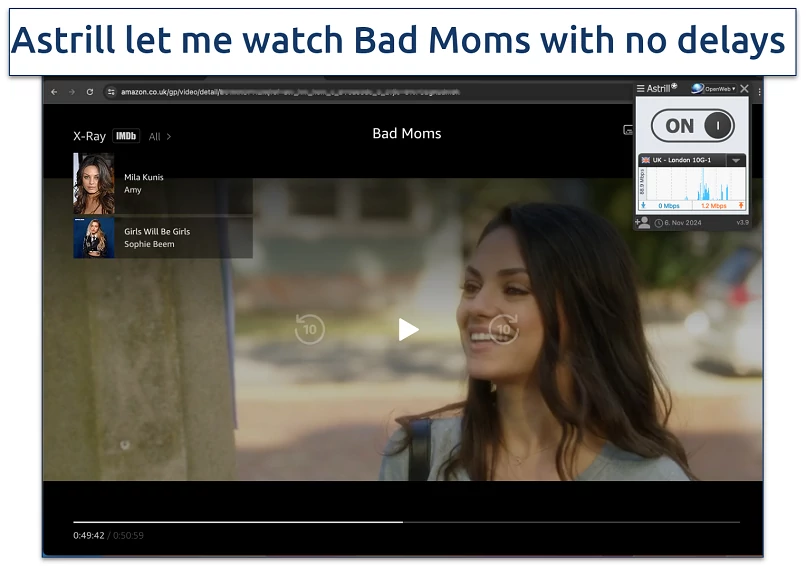 Screenshot of Astrill VPN with Amazon Prime Video in the background