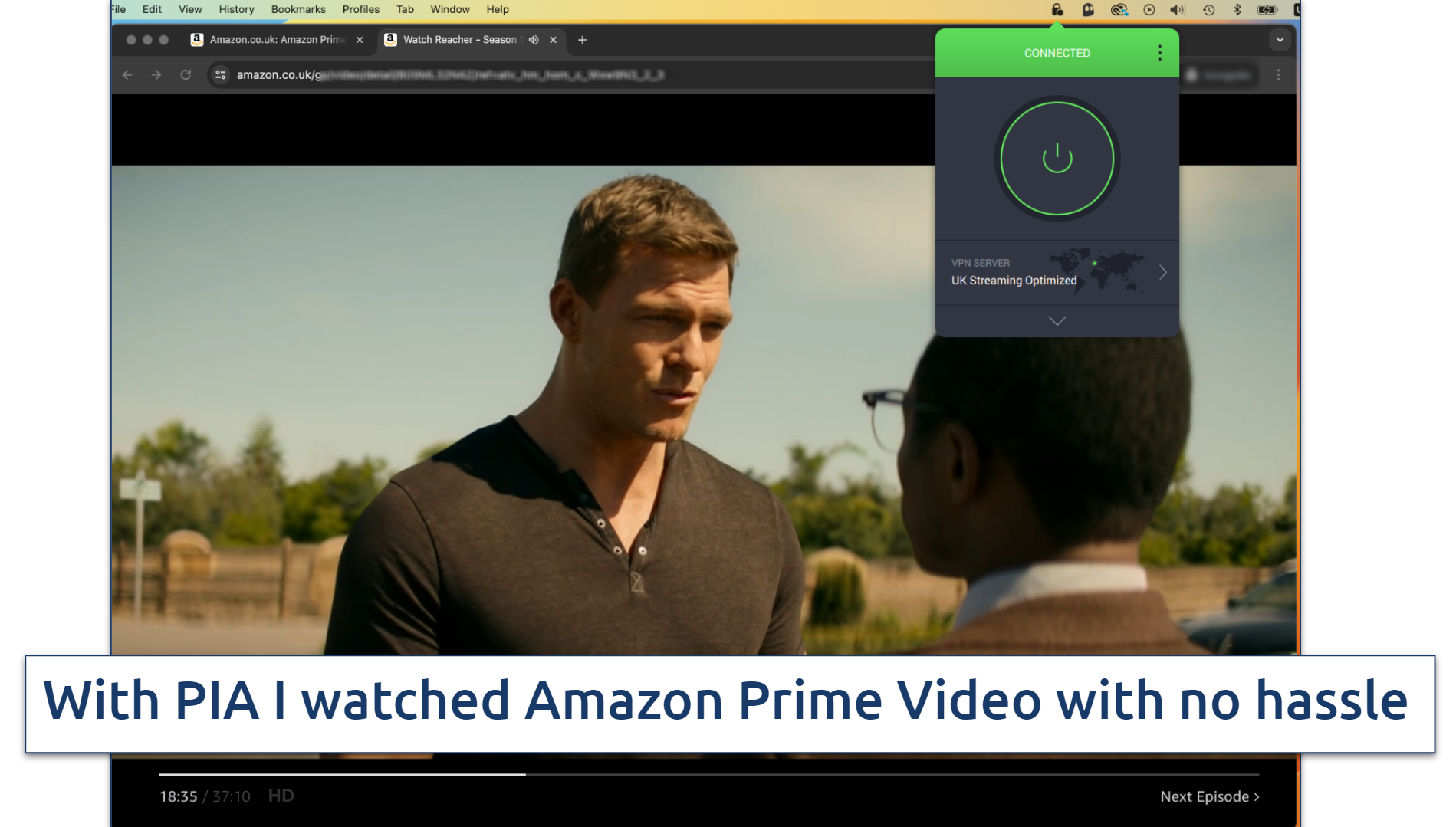 Screenshot of PIA VPN with Amazon Prime Video in the background
