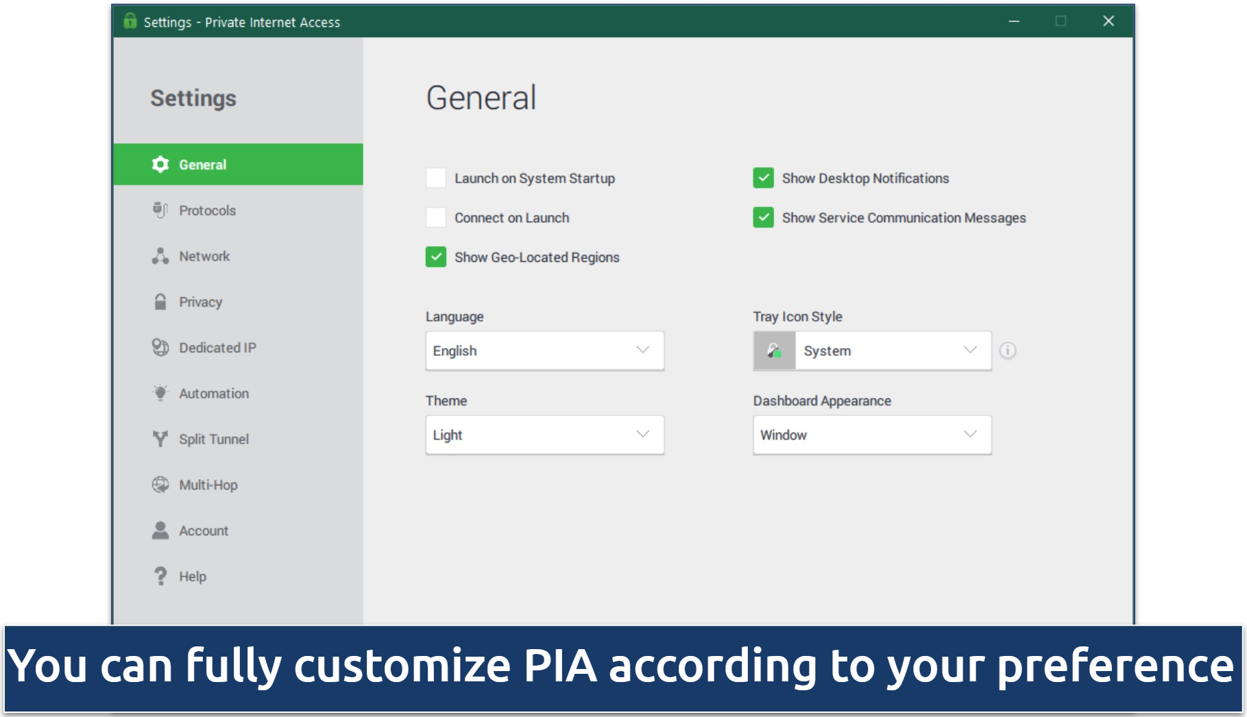 Screenshot of PIA's Windows interface showing its general settings for streaming the Masters