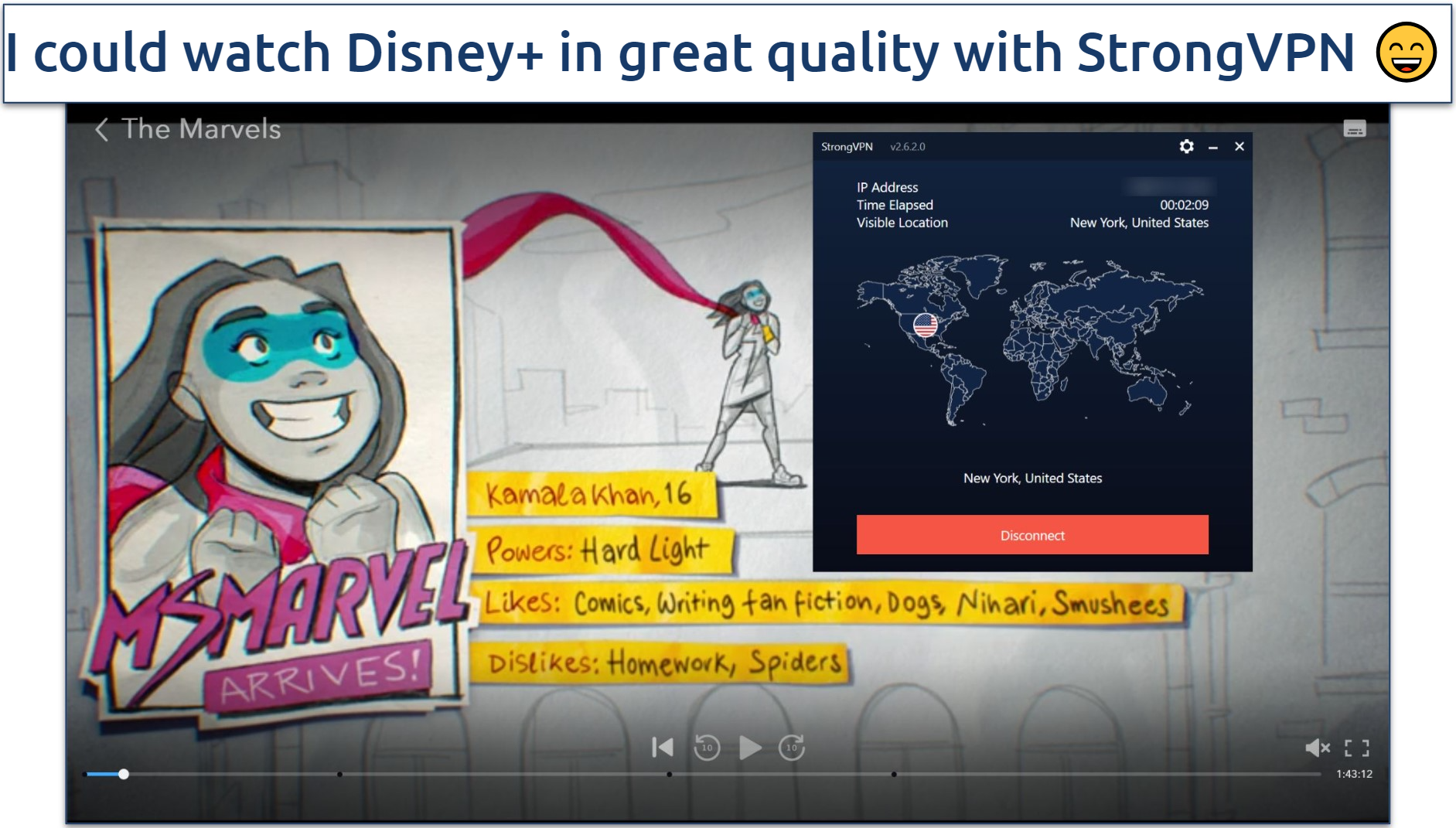 Screenshot of Disney+ player streaming The Marvels while connected to StrongVPN's New York server 