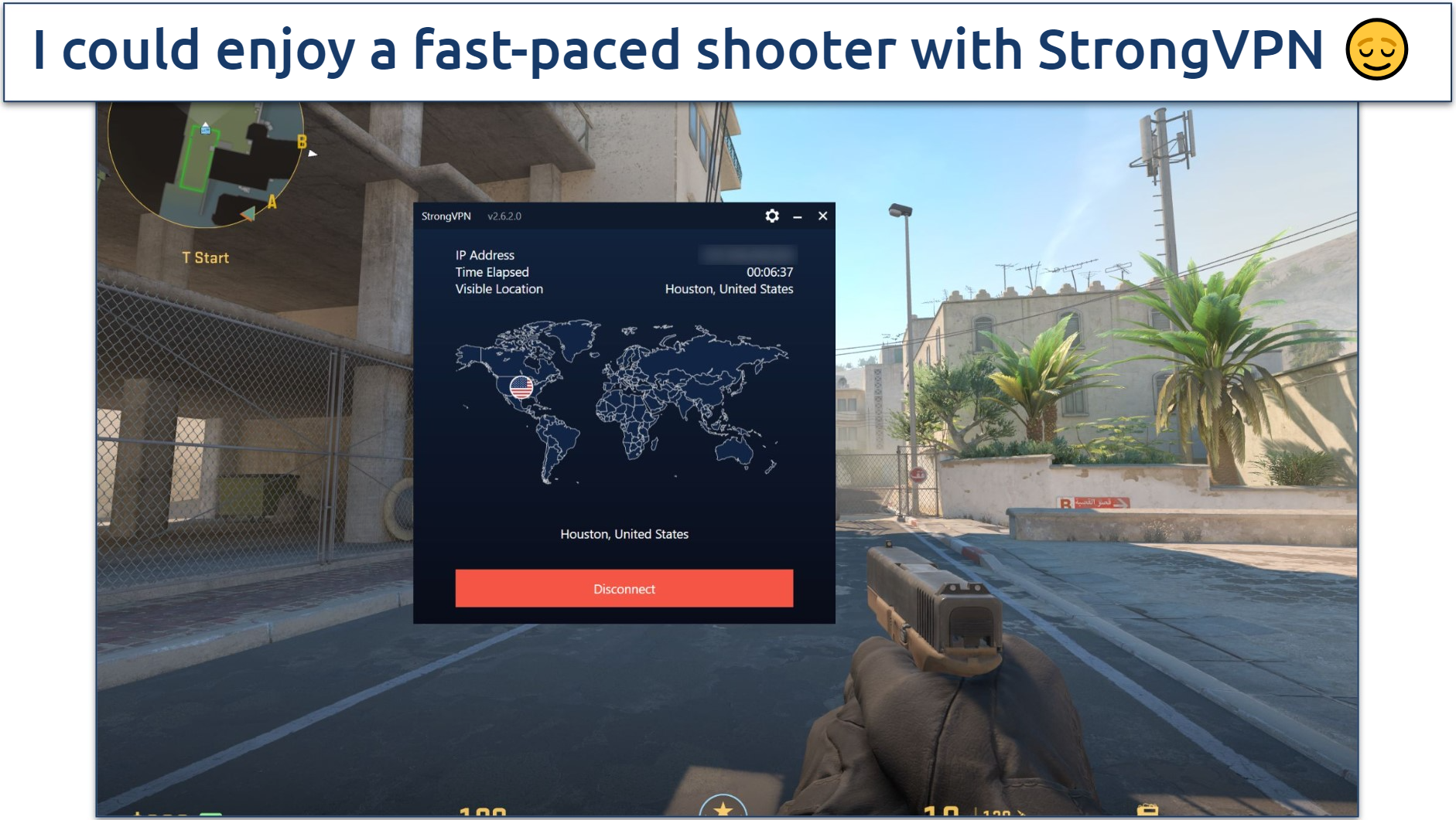 Screenshot of Steam running Counter Strike 2 while connected to StrongVPN's Houston server