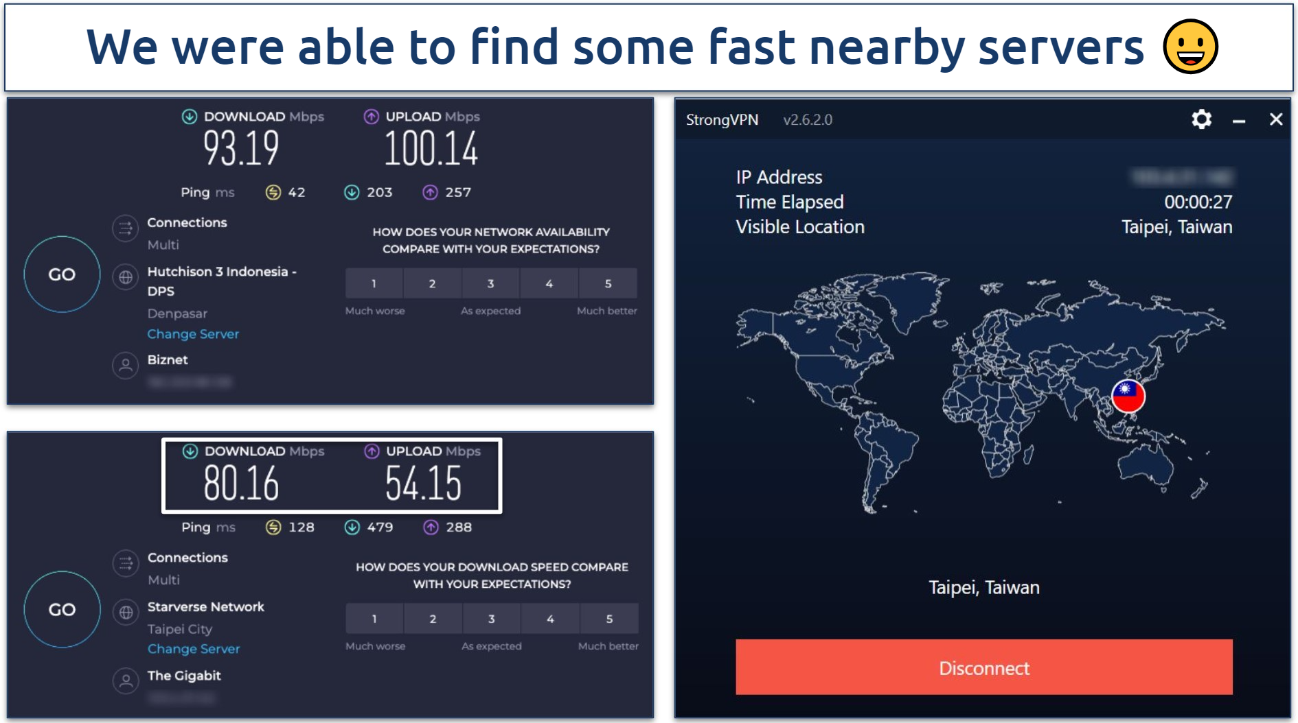 Screenshot of Ookla speed tests done with no VPN connected and while connected to StrongVPN's Taiwan server