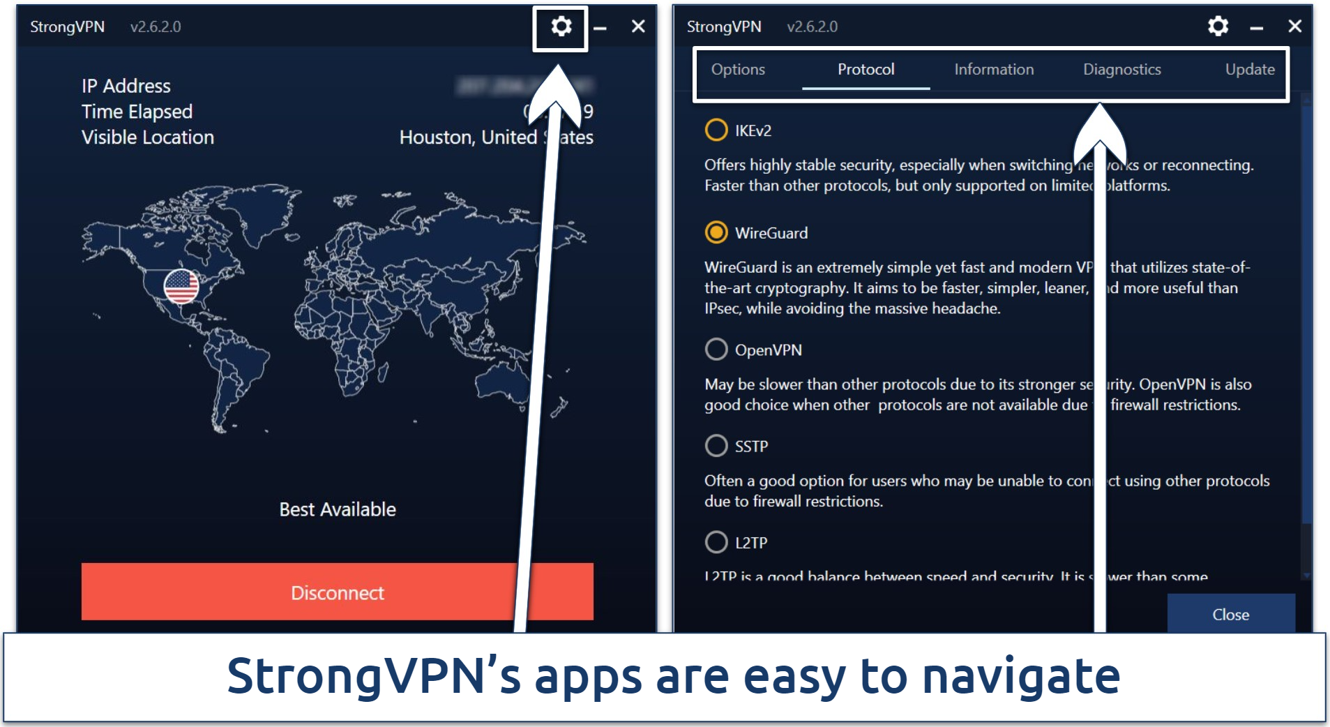 Screenshot of the StrongVPN Windows app highlighting how to access the various settings tabs