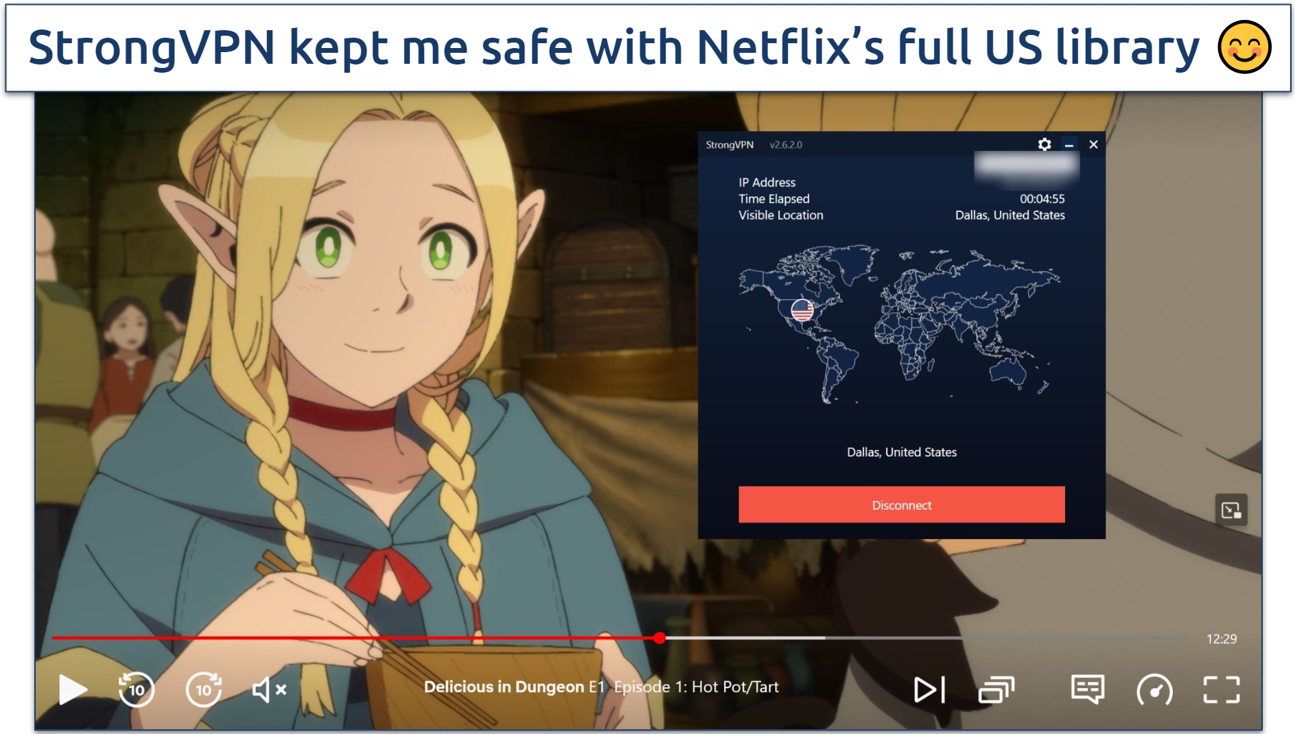 Screenshot of Netflix player streaming Delicious in Dungeon while connected to StrongVPN's Dallas server