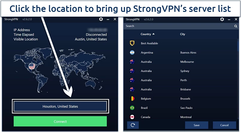 Screenshot of StrongVPN's Windows app highlighting where to find its server list