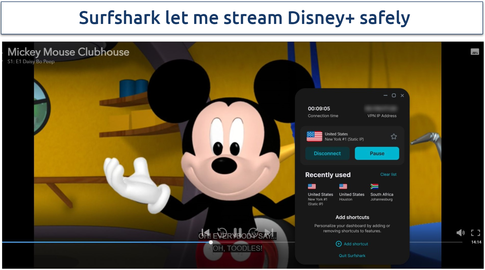 A screenshot of Disney+ streaming Mickey Mouse Clubhouse while connected to Surfshark's US server
