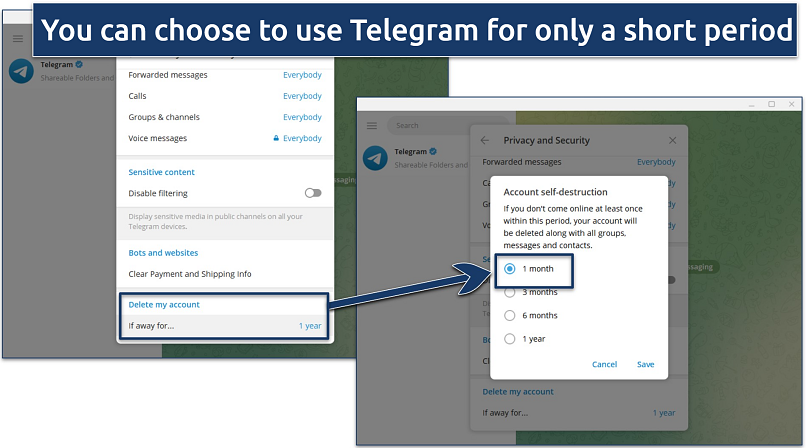 Instructions on how to set up account self-destruction on Telegram Desktop