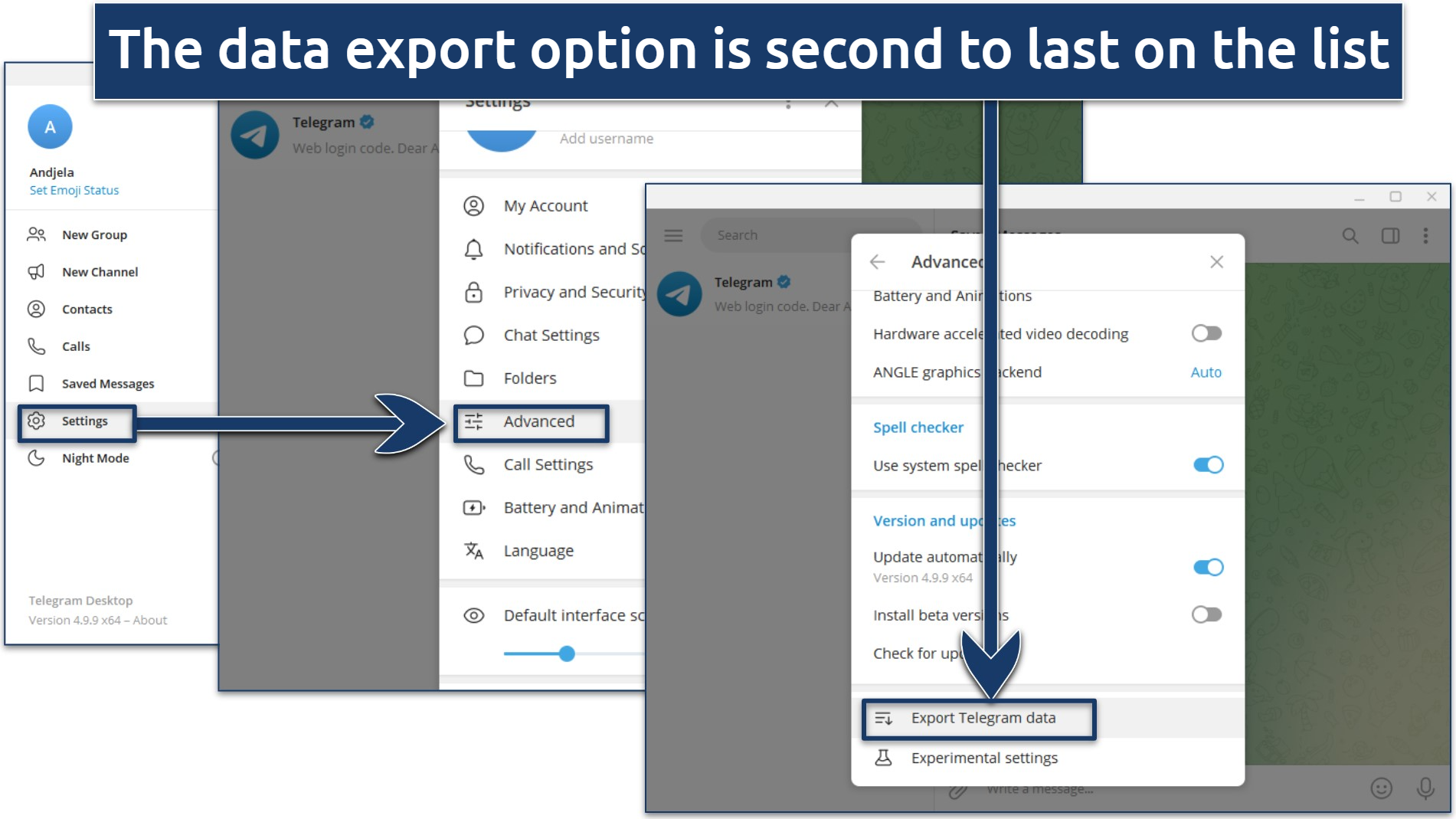 Screenshot showing how to export your Telegram data