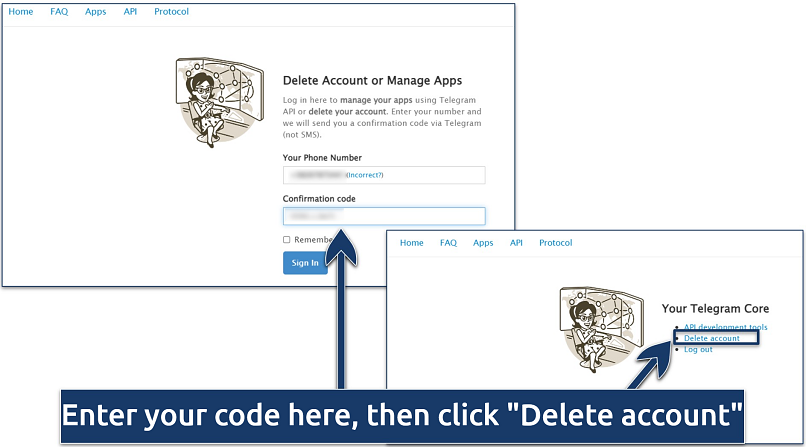 Screenshot showing how to instantly delete your Telegram account
