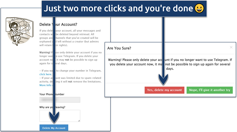 Screenshot showing the steps to deleting your Telegram account