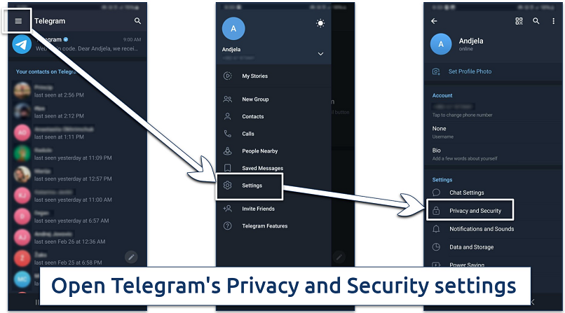 Instructions on how to find Telegram’s Privacy and Security settings on Android