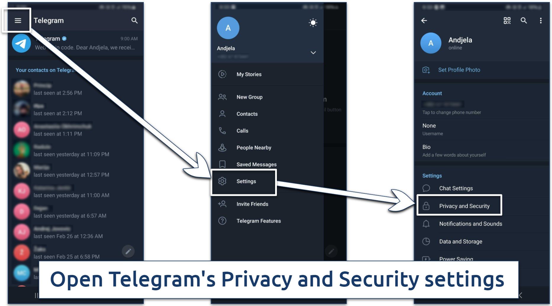 Instructions on how to find Telegram's Privacy and Security settings on Android