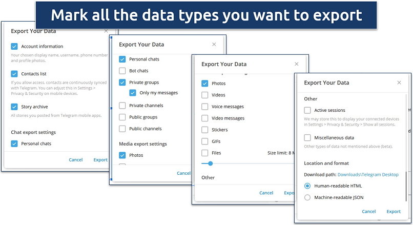 Screenshot showing all Telegram data types that can be exported