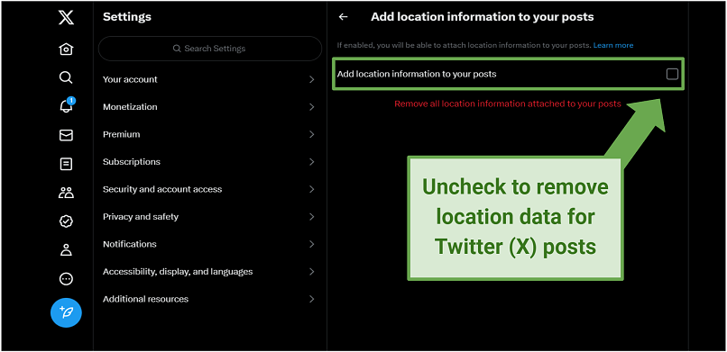 Screenshot of Twitter's location privacy settings
