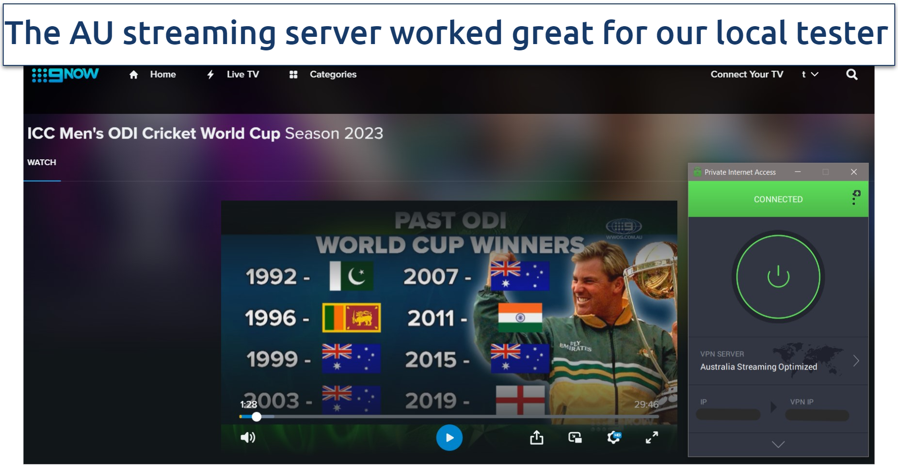 Screenshot of ICC cricket on 9Now, with VPN connected to an Australian streaming server
