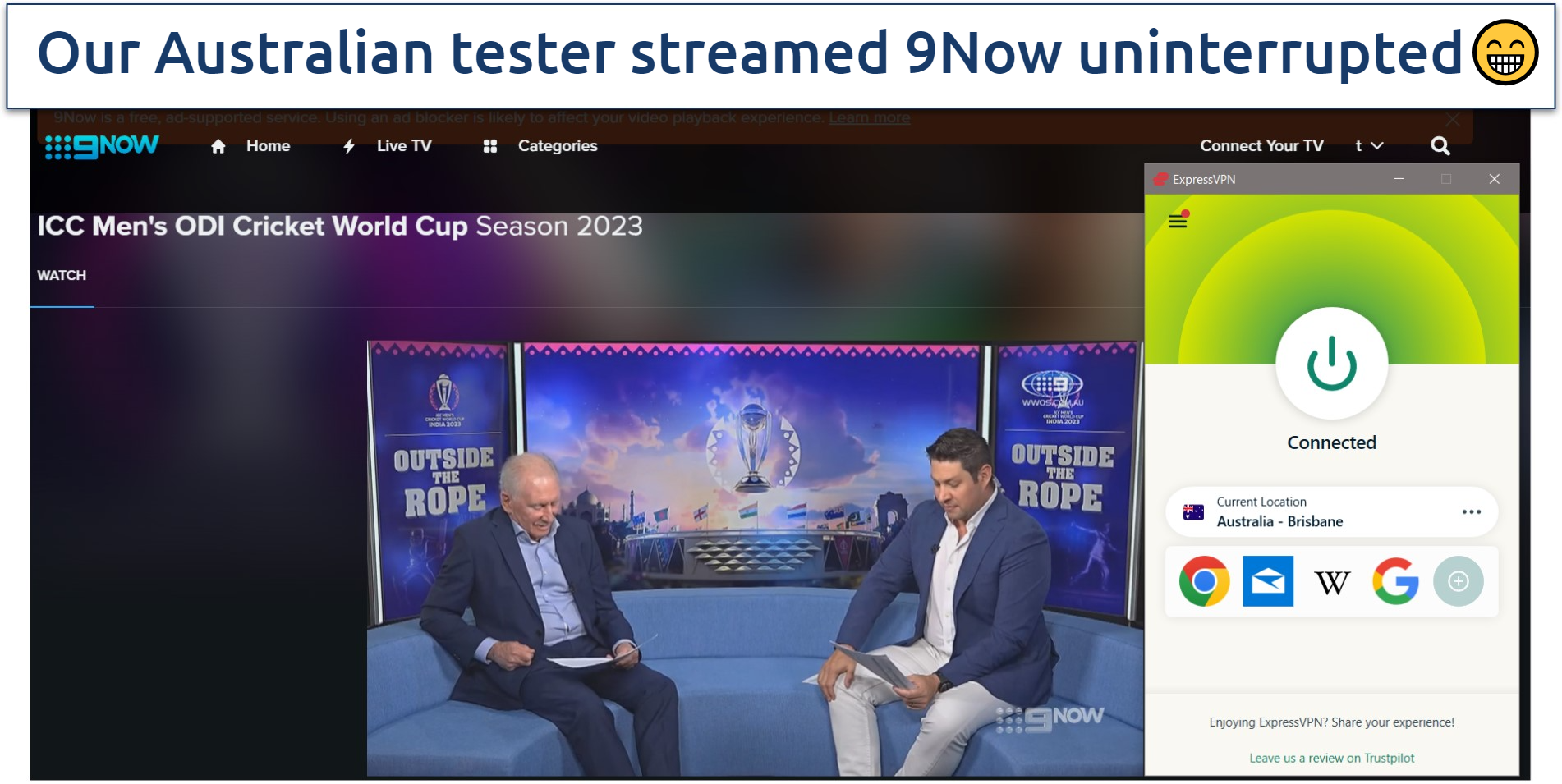 Screenshot of an ICC cricket video on 9Now, with ExpressVPN connected to Australia