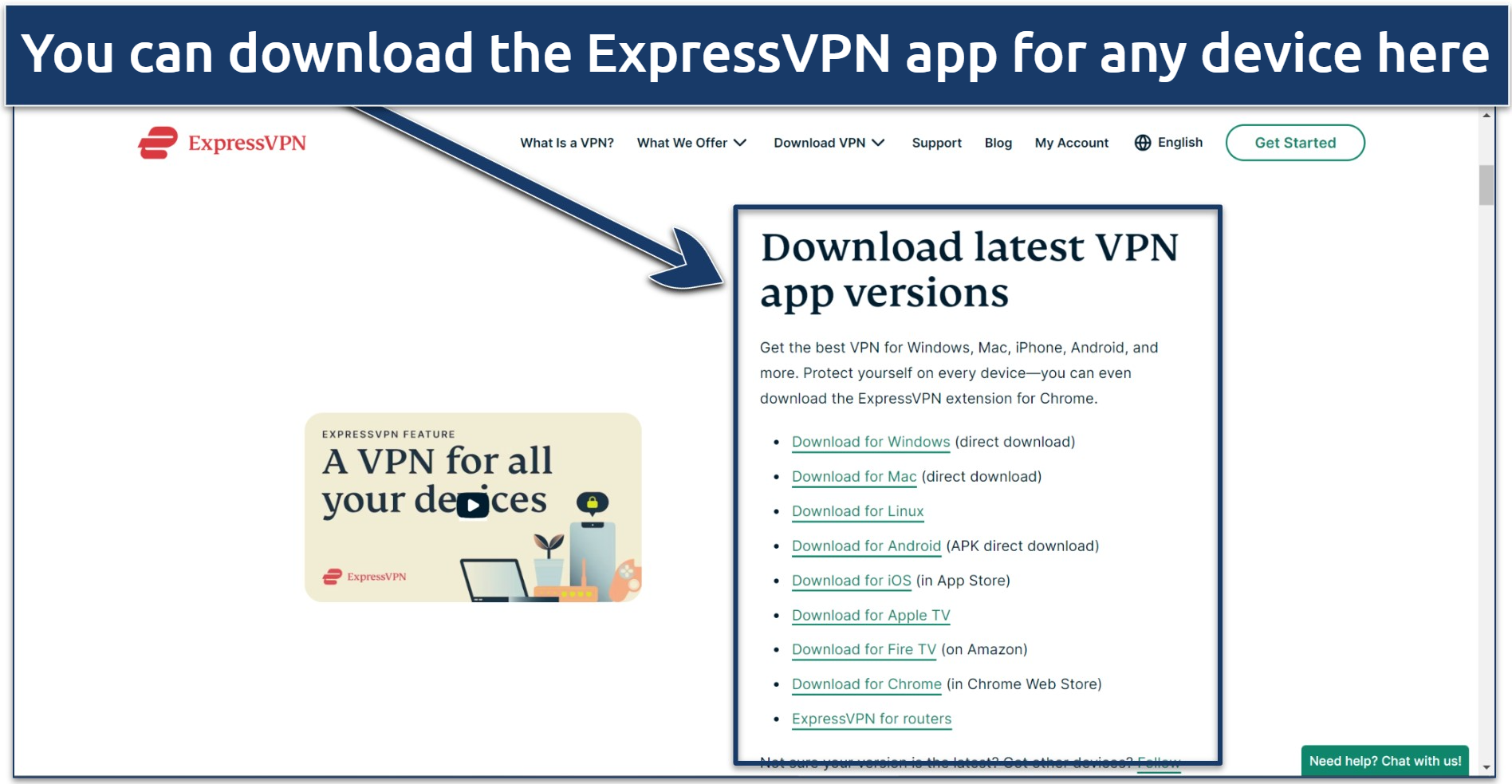 Screenshot of the ExpressVPN download page with links for each platform