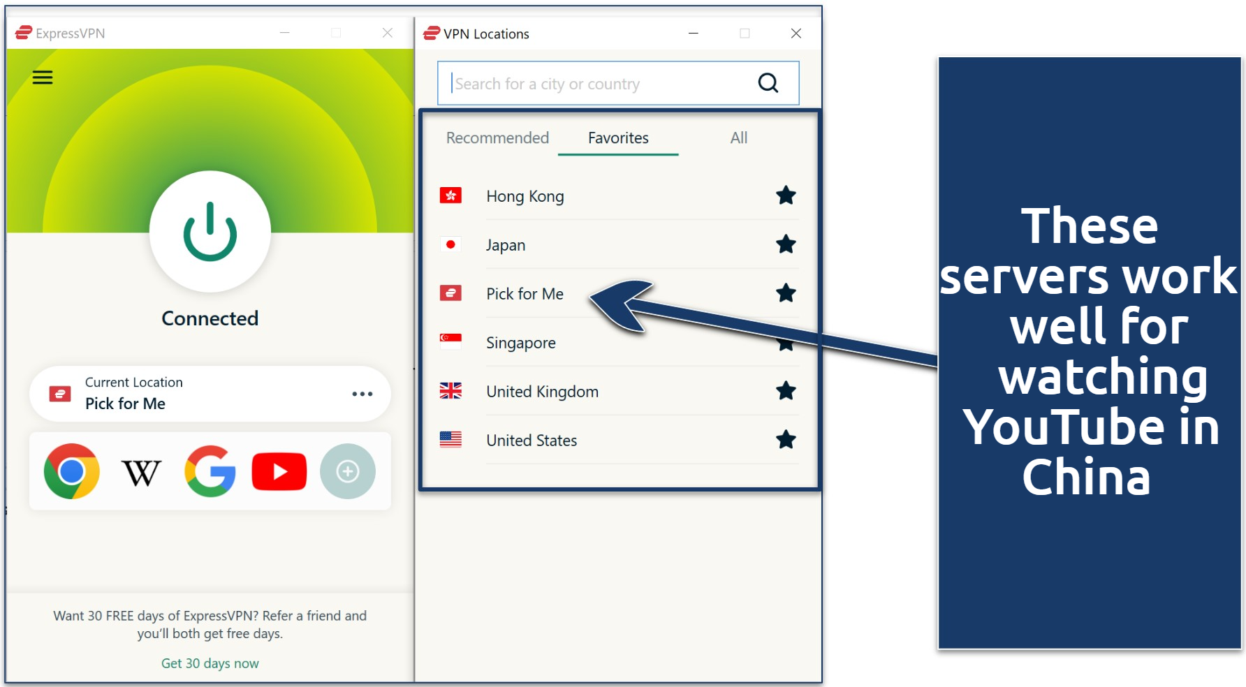 Screenshot of the ExpressVPN Windows app connected to 'Pick for Me' server with 'Favorite' VPN location list. 