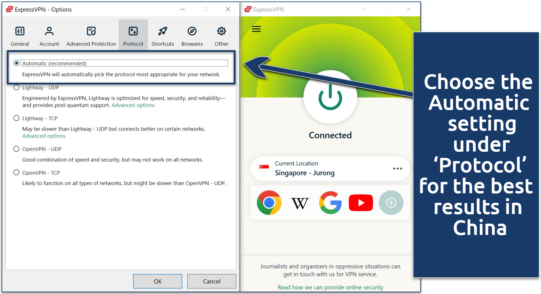 Screenshot of the ExpressVPN Windows app connected to Singapore server with 'Automatic' protocol settings. 