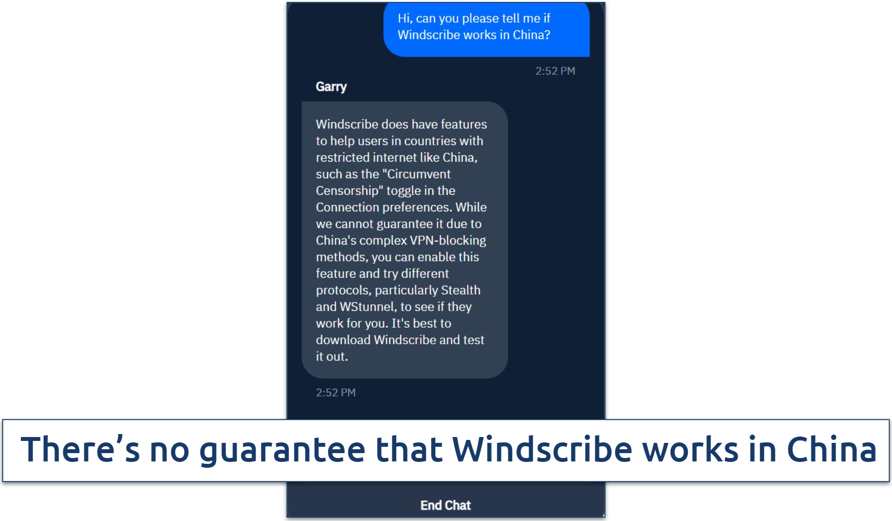 Screenshot of a live chat response where Windscribe agent confirming that it does work in China